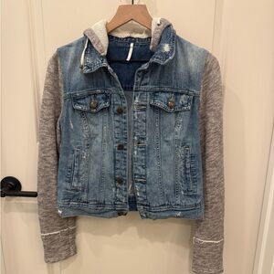FP Movement by Free People Blue Denim Jacket with Gray Knit Sleeves